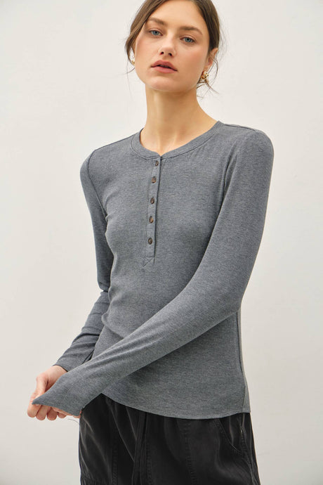 Heather Grey Modal Classic Ribbed Long Sleeve Henley Top