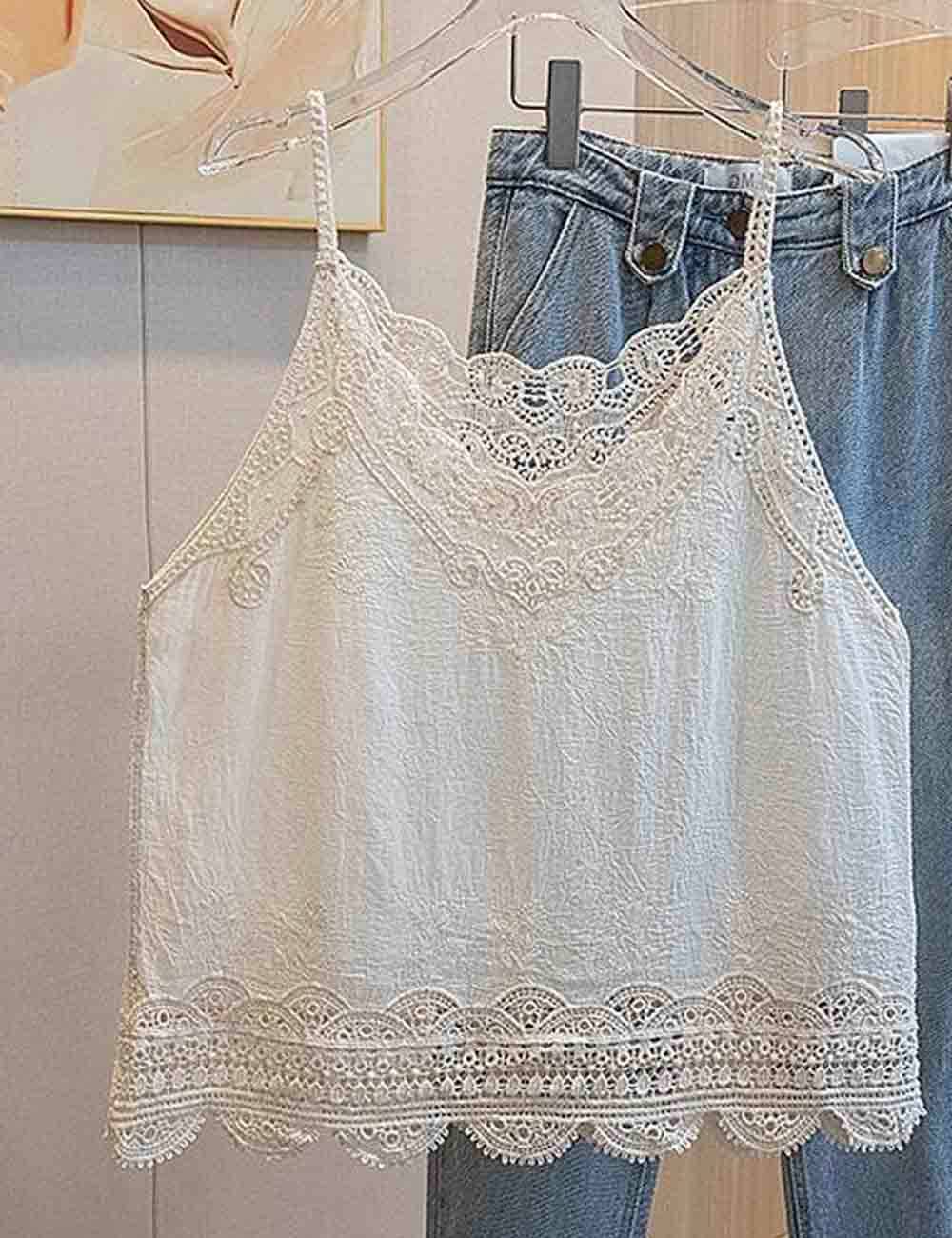 Apricot V-Neck Lace Embroidery String Shoulder Cami Top