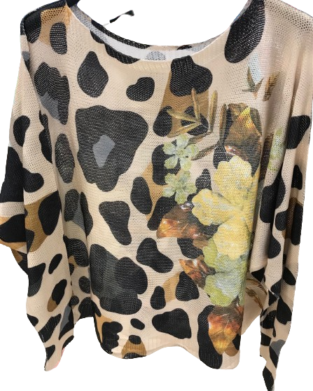 Leopard Floral Round Knit Printed Sweater