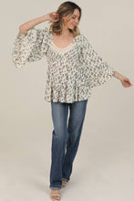 Ivory V Neck Smocked Bust Lace Trim Wide Bell Sleeve Blouse