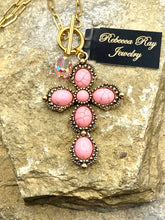 Vintage Pink Cross & Crystal Charm Toggle Necklace