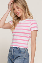 Off White Pink Short Sleeve Crew Neck Y/D Stripe Knit Crop Top