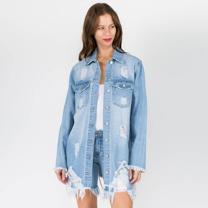Light Blue Distressed Denim Shacket