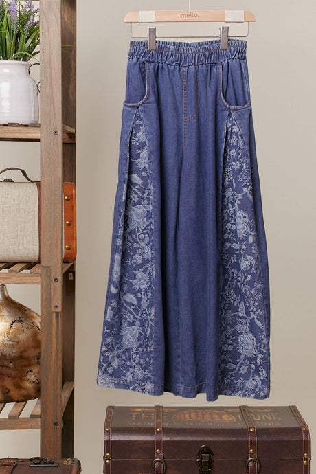 Denim Side Floral Wide-Leg Mello Pants