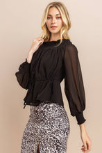 Black Smocked Neck Sheer Sleeve Blouse Top
