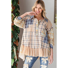 Blue washed Ruffle Lace Hem Button Up Plaid Oli+Hali Shirt