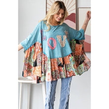 Blue Wahed Round Neck Love Patchwork Ruffle Hem Oli+Hali Top