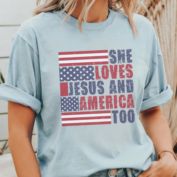 Light Blue She Loves Jesus and America Patriotic Graphic T-shirt