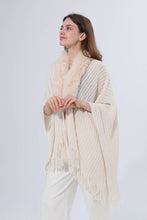 Ivory Faux Fur Collar Knit Poncho Shawl Fringed