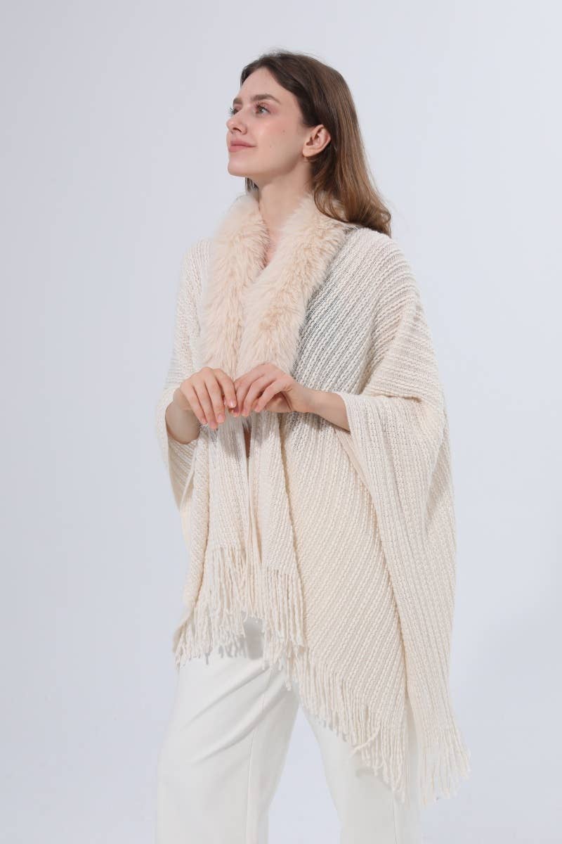 Ivory Faux Fur Collar Knit Poncho Shawl Fringed