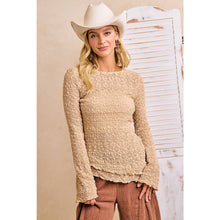 Tan Textured Lace Knit Diagonal Hemling Vell Sleeve Top