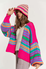 Neon Chunky Knit Multi Striped Open Sweater Cardigan