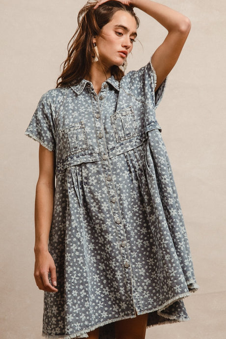 Denim Washed Floral Frayed Short Bibi Dress 5/7/25 9874