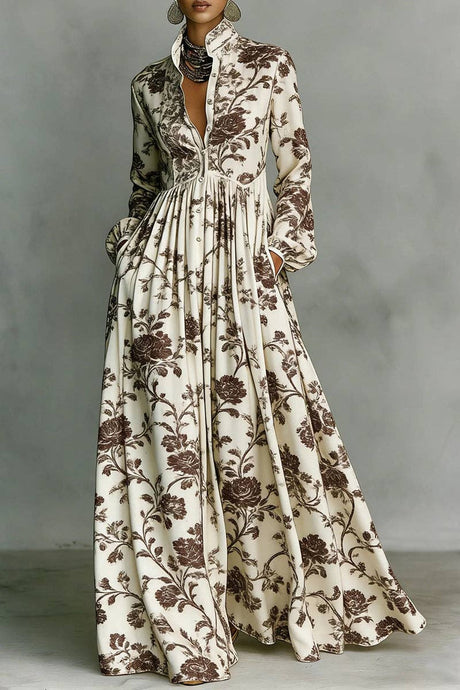 Brown Floral Long Sleeve Dress