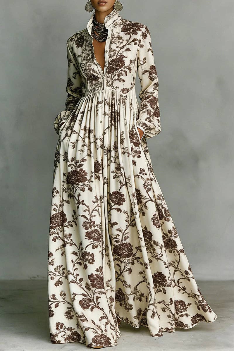 Brown Floral Long Sleeve Dress