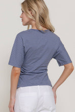 Dusty Blue White Short Dolman Sleeve Defined Silhouette Stripe Knit Top