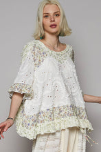 Off White Round neck short sleeve floral textured woven POL top