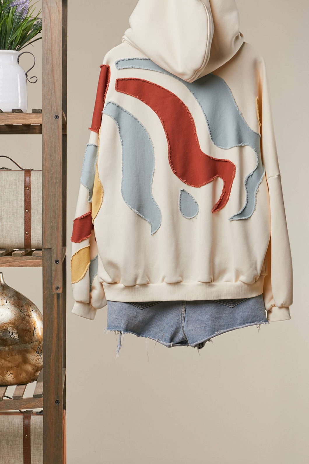 Cream Abstract Patch Hoodie with Kangaroo Pocket