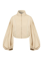Beige Super Puffed Sleeves Piping Detail Jacket