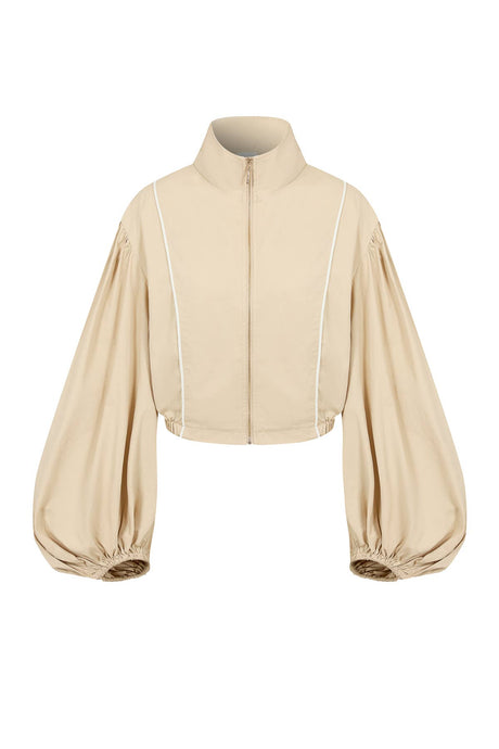 Beige Super Puffed Sleeves Piping Detail Jacket