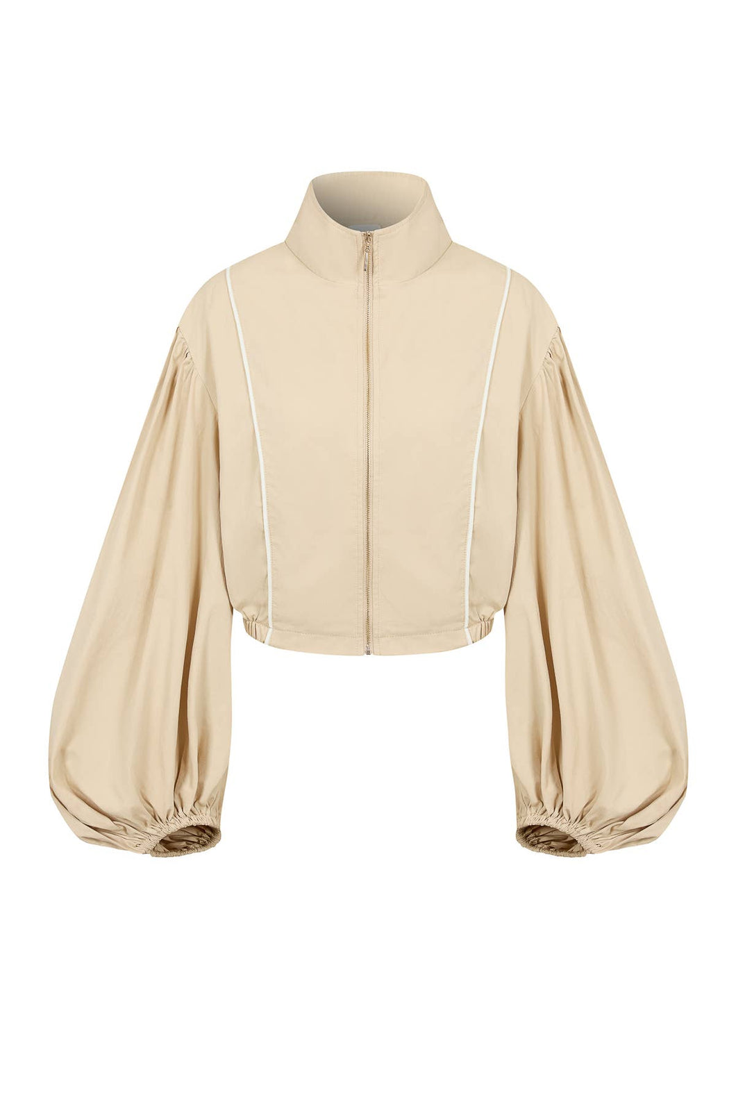 Beige Super Puffed Sleeves Piping Detail Jacket