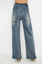 Med Denim Rhinestone High Waisted Stretch Wide Leg Denim Pants