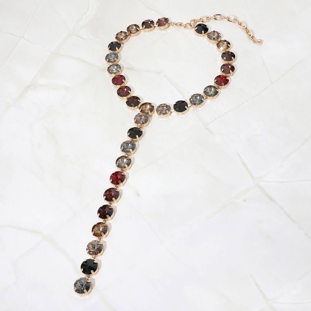 Y Shaped Round Crystal Drop Statement Necklace
