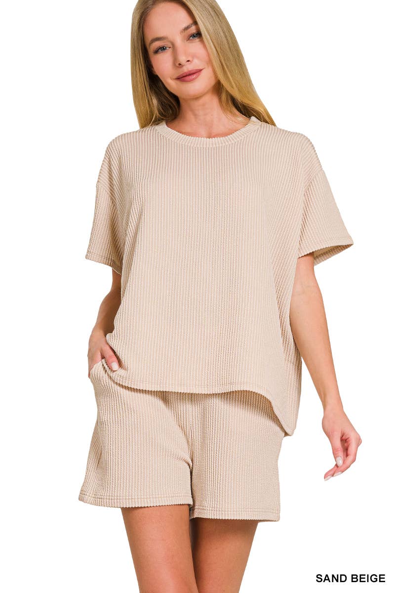 Sand Beige Corded Rib Short Sleeve Tee And Short Pants Set