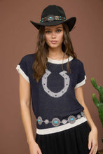 Navy Horseshoe Short Sleeve Knit Sweater