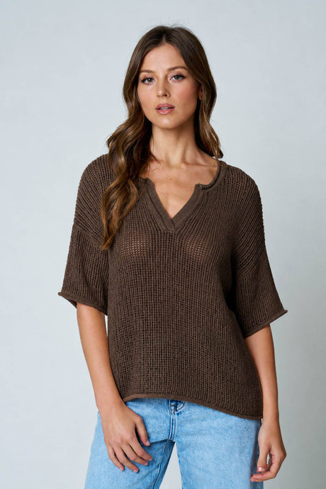 Chocolate Brown Split Neck Short Sleeve Sheer Crochet Knit Top