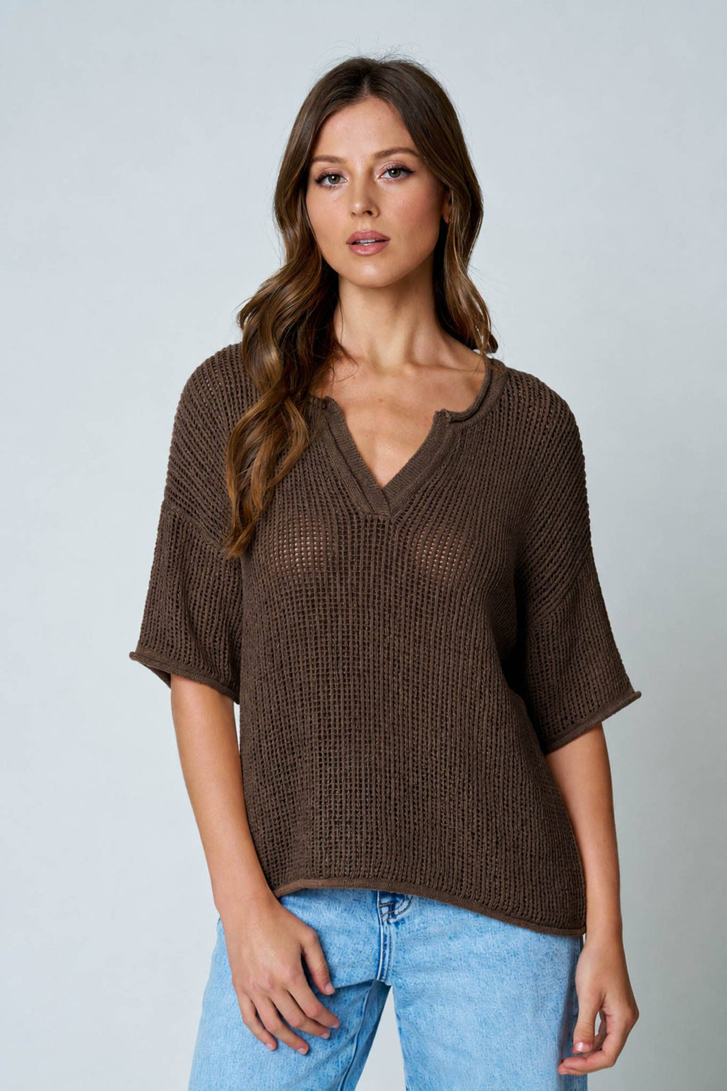 Chocolate Brown Split Neck Short Sleeve Sheer Crochet Knit Top