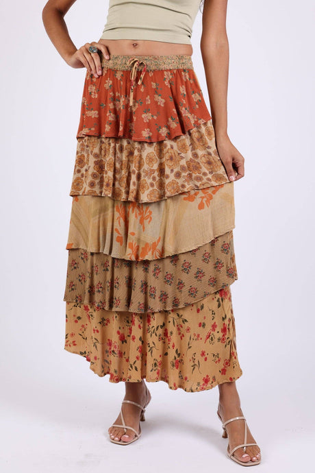 Amber Hue Line Tiered Patchwork Ruffle Maxi Skirt
