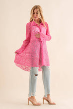 Hot Pink Lace Tunic Flow Hem Bell SLV Button Up Shirt