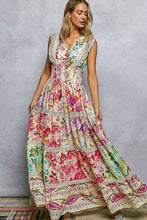 Cream Multi Feminine V-neck Smocked Waist Ruffle Floral Maxi POL Dress