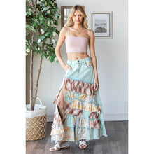 Blue Washed Plaid Flower Patchwork Slit Oli+Hali Maxi Skirt