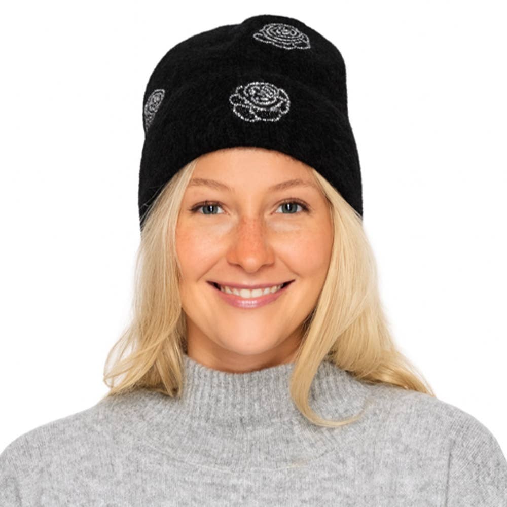 Black Rhinestone Rose Beanie