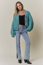 Green Chunky Multicolor Trim Knit Cardigan
