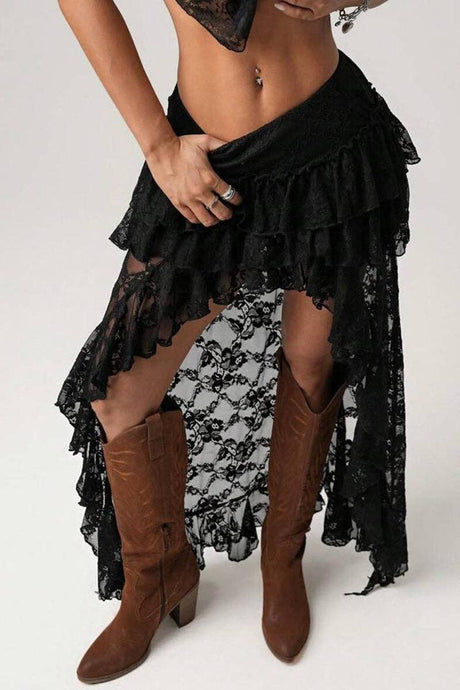 Black Ruffled Asymmetrical High Low Skirt