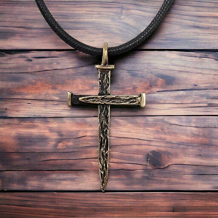 Large Rugged Antique Brass Nail Cross Pendant Necklace