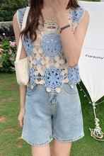 Blue Floral Crochet Sleeveless Knit Vest