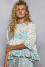 Ivory Blue Round neck short sleeve embroidered print POL top