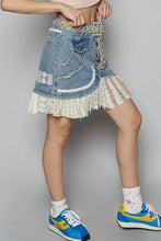 Denim Printed patchwork button down flare POL mini skirt