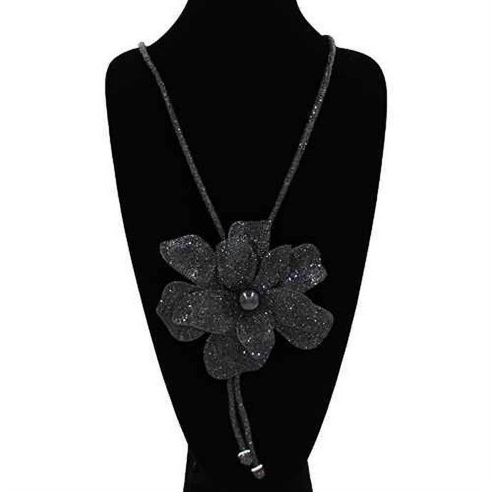 Jet BlackPearl Centered Bling Studded Flower Pointed Bolo Tie Necklace