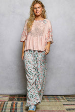 Blush Pink Rib Floral Pattern Round Neck Short Sleeve POL Top