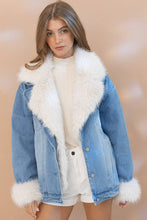 Fur Collared Cuff Over sized Washed Denim Jacket