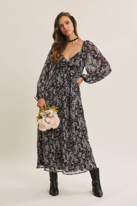 Black Multi Stunner Twisted Front Floral Midi Dress
