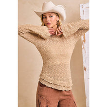 Tan Textured Lace Knit Diagonal Hemling Vell Sleeve Top