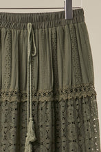Olive Elastic Waist Maxi Mello Skirt with Lace Trim
