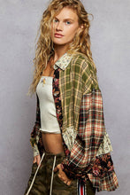 Black Olive Long sleeve plaid patchwork floral ruffle detail shirt POL top