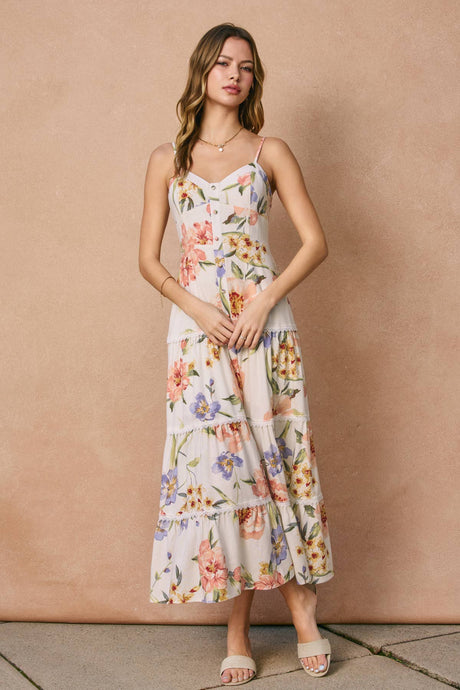 Spring Garden Honeysuckle Drift Lace Tiered Midi Dress